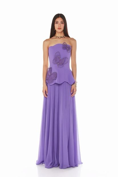 Lila Kelebek Detaylı  Abiye Elbise